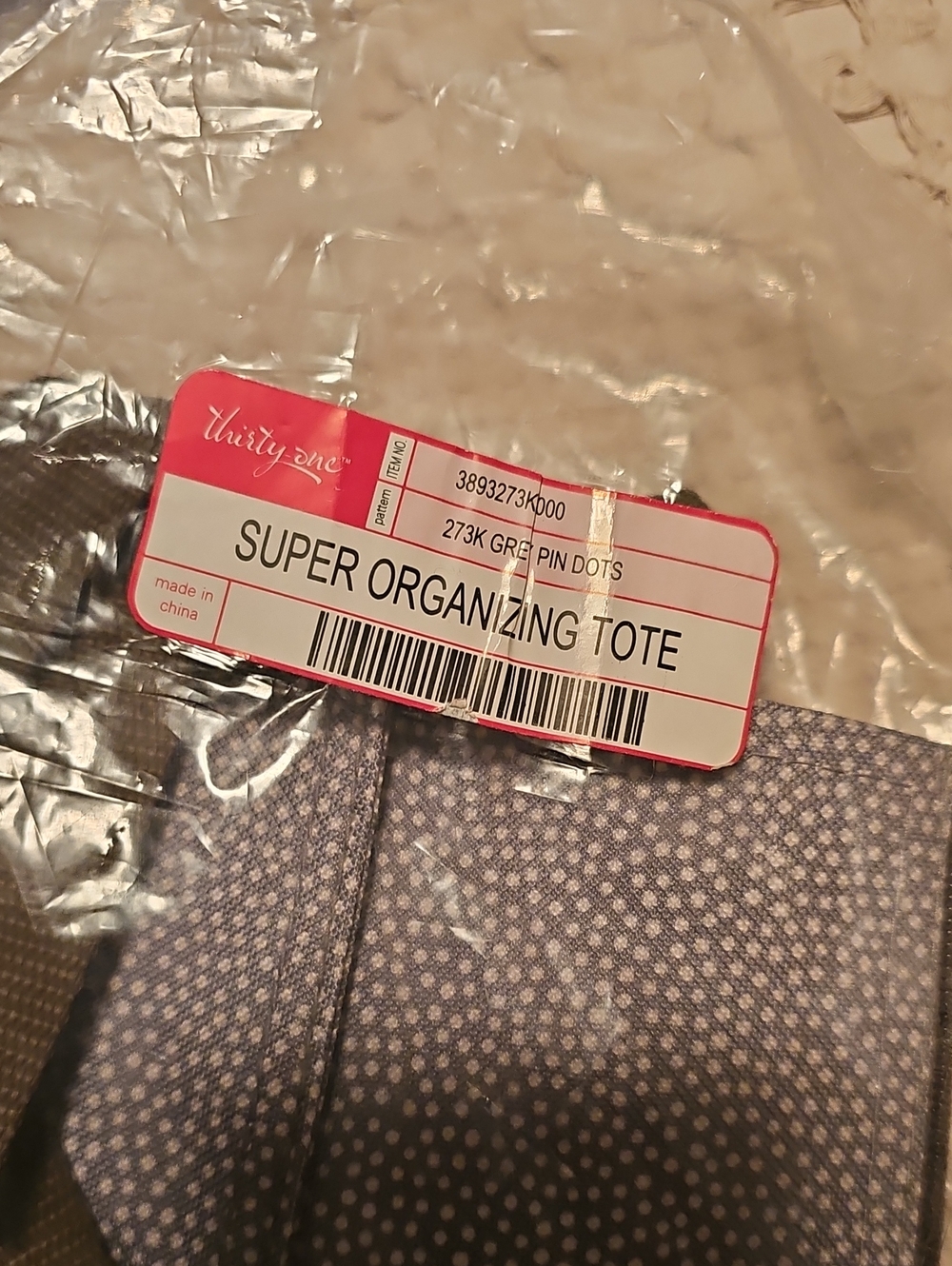 Thirty One Suoer Organizing Tote Grey Pin Dots Brown Trim